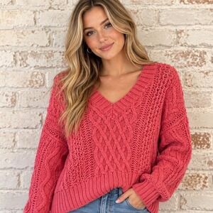 American Eagle Womens Pink Cable Knit V-Neck Cropped Sweater Size S Long Sleeve
